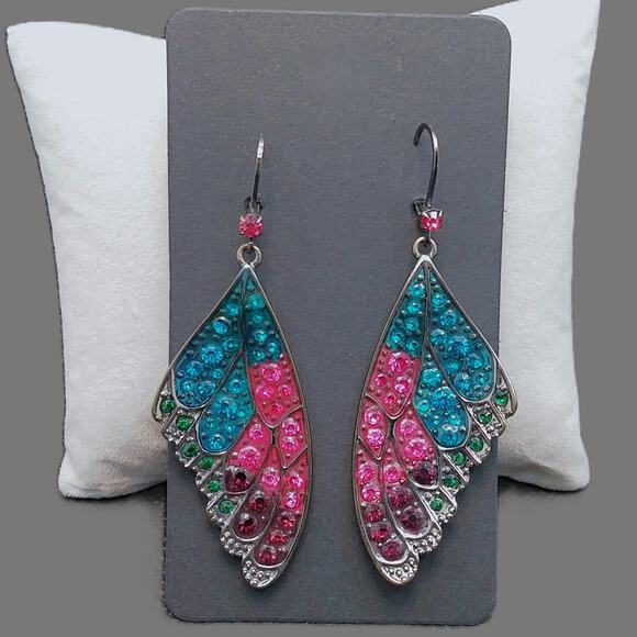 Butterfly Wing Earrings Colorful Gunmetal Gray Dangle Purple Pink Blue Crystals - Picture 4 of 9